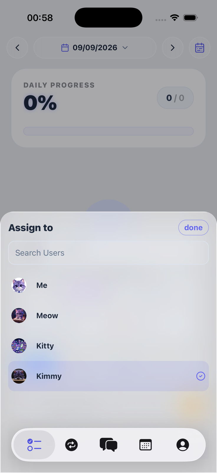 The Assign to sheet in Ommio, with a weekly check-in dated Wednesday 9 September being assigned to a partner from the friend list.